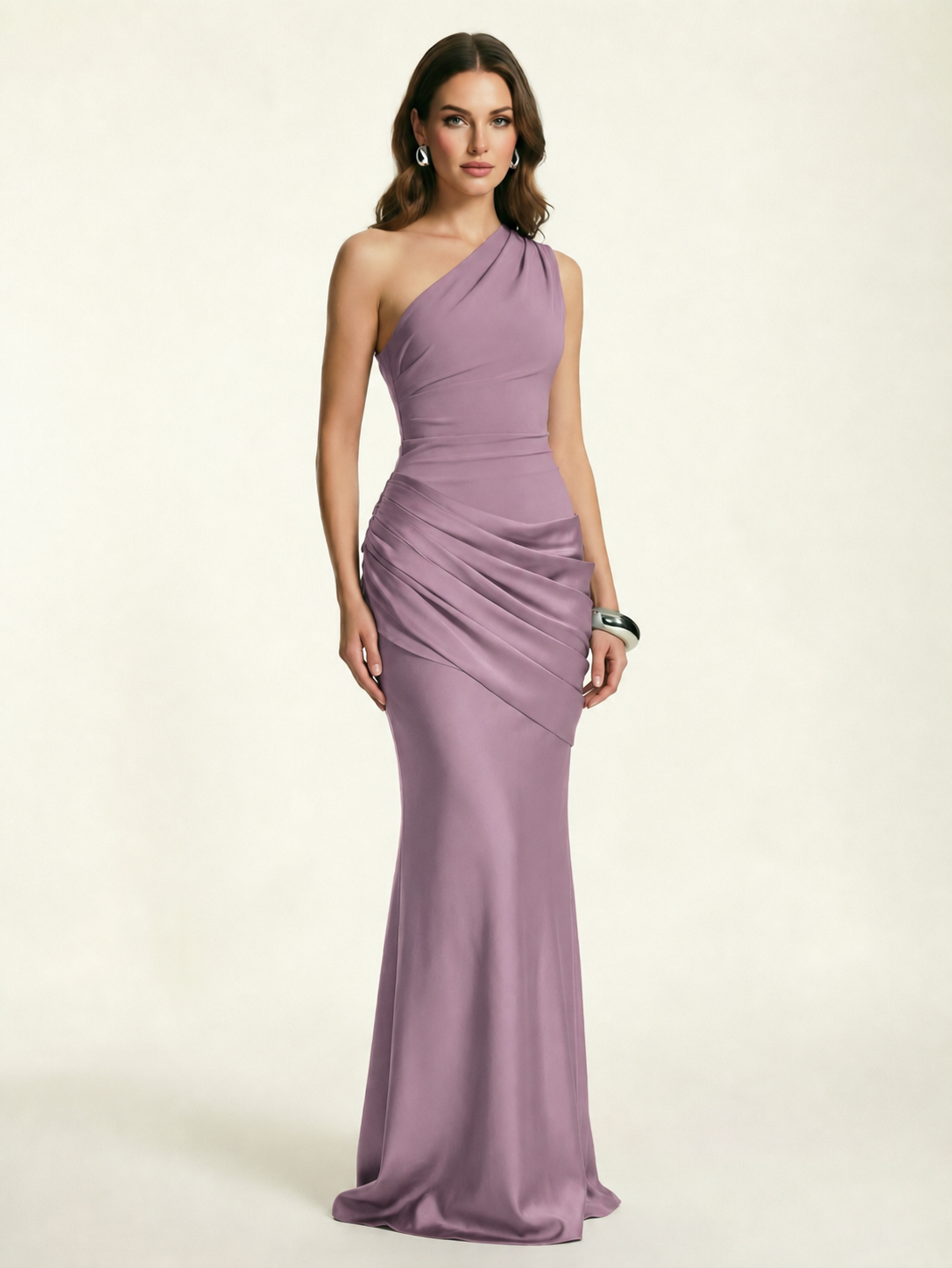 Single-shoulder satin floor-length evening dress