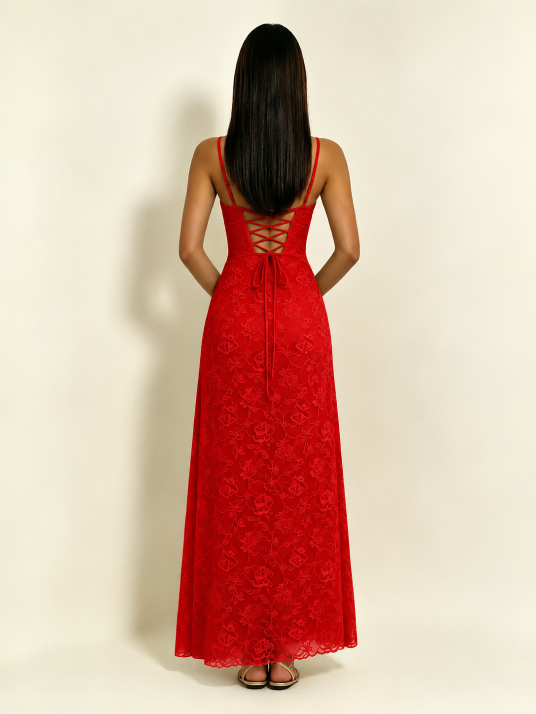 Satin Bust Lace Midi Maxi Dress, Spaghetti Strap Cross Lace Up Back Bridesmaid Dress