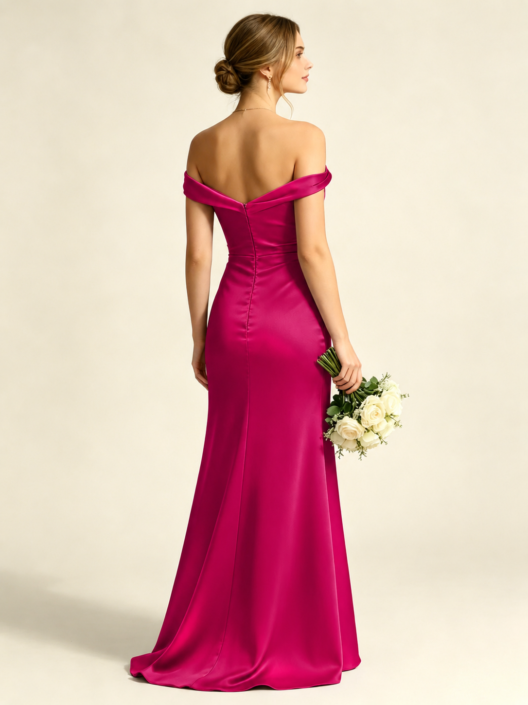 Satin Mermaid Bridesmaid Maxi Dress, Asymmetrical Off Shoulder Ruched Waist Open Back