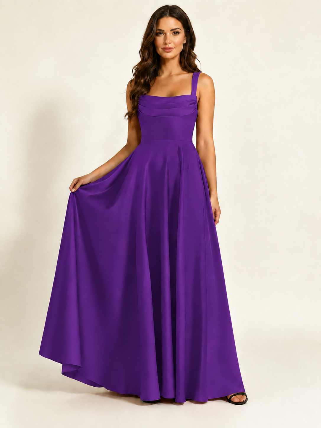 Satin Draped Cowl Square Neck A-Line Maxi Bridesmaid Dress
