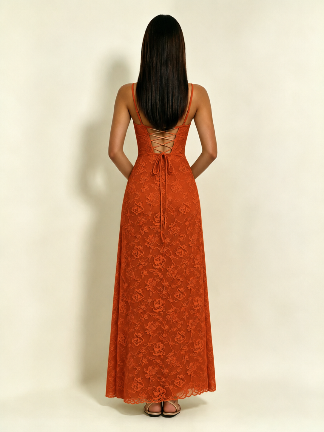 Satin Bust Lace Midi Maxi Dress, Spaghetti Strap Cross Lace Up Back Bridesmaid Dress