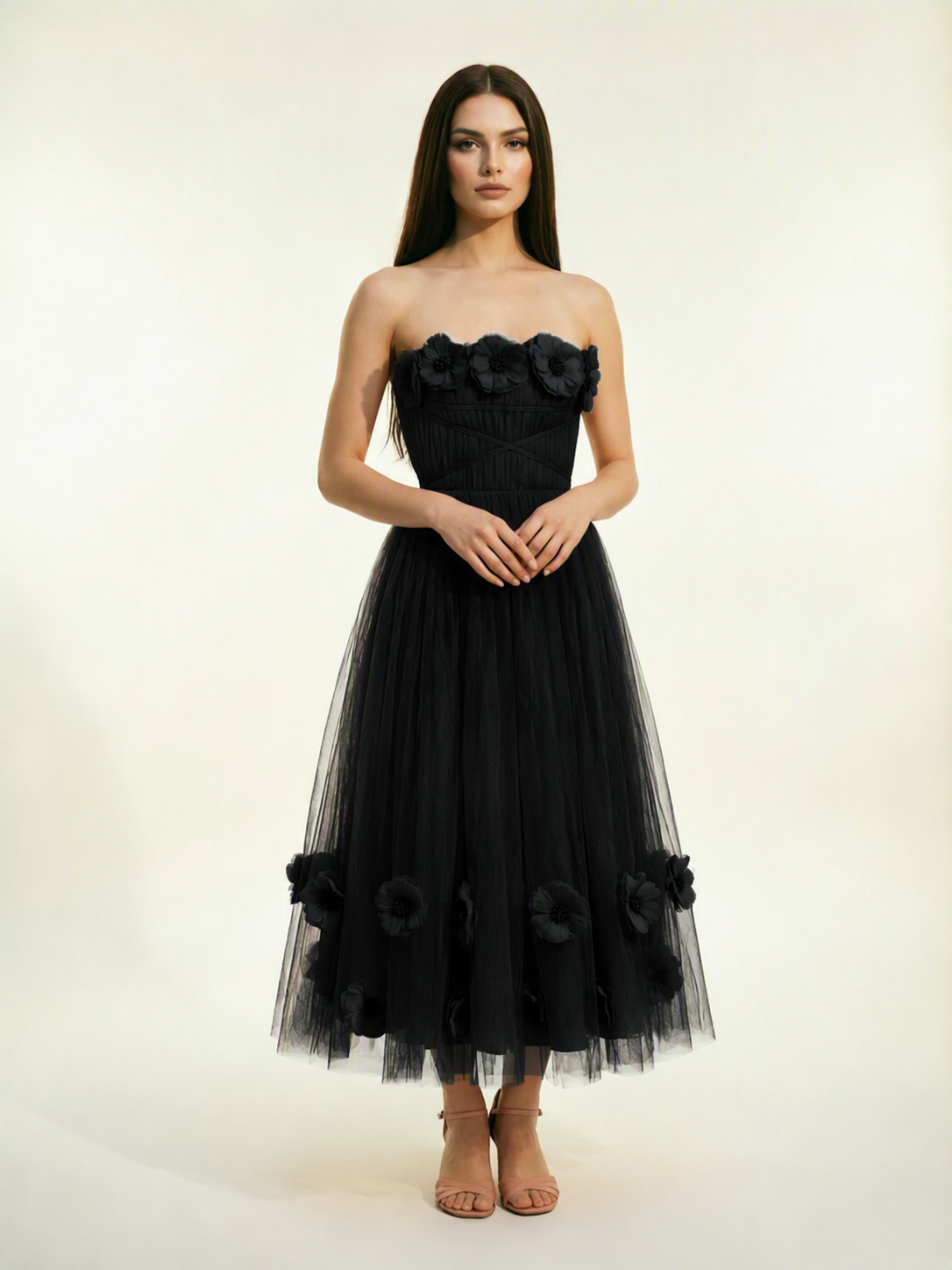 Strapless Tulle Midi Dress with 3D Floral Appliqués, Lace-Up Corset Back