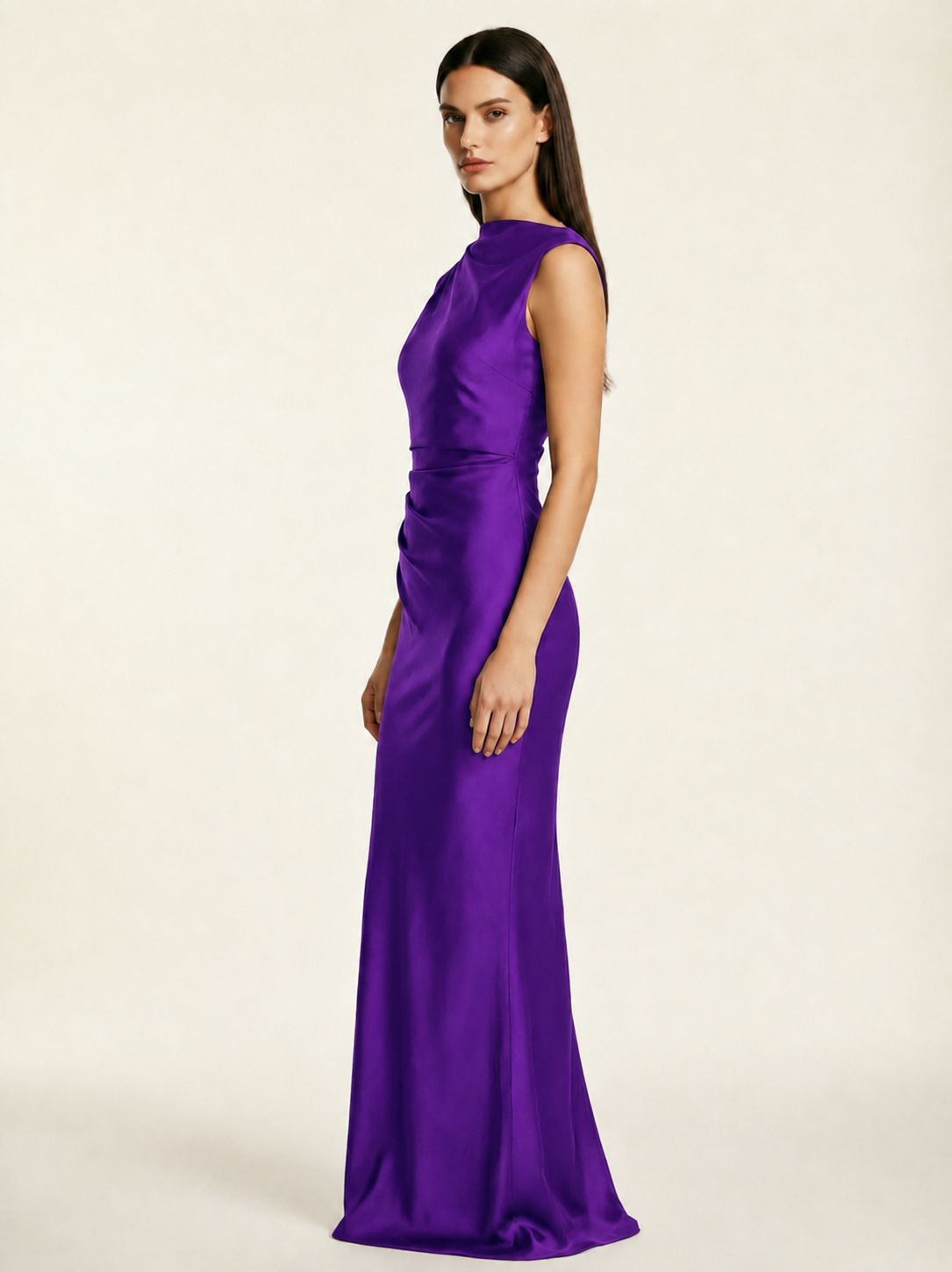 Sleeveless Draped Satin Mermaid Cutout Back Formal Dress