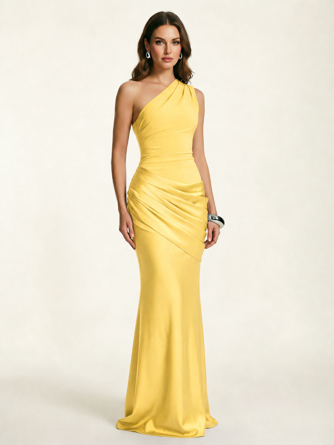 Single-shoulder satin floor-length evening dress