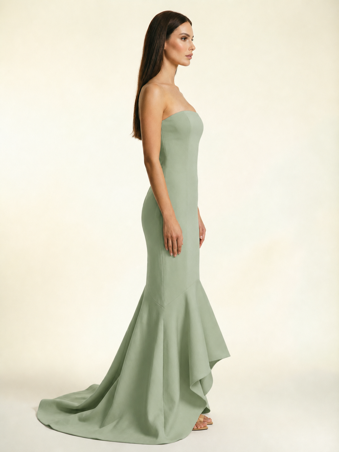 Strapless Satin Mermaid Dress With Ruffled Train & Lace-Up Back