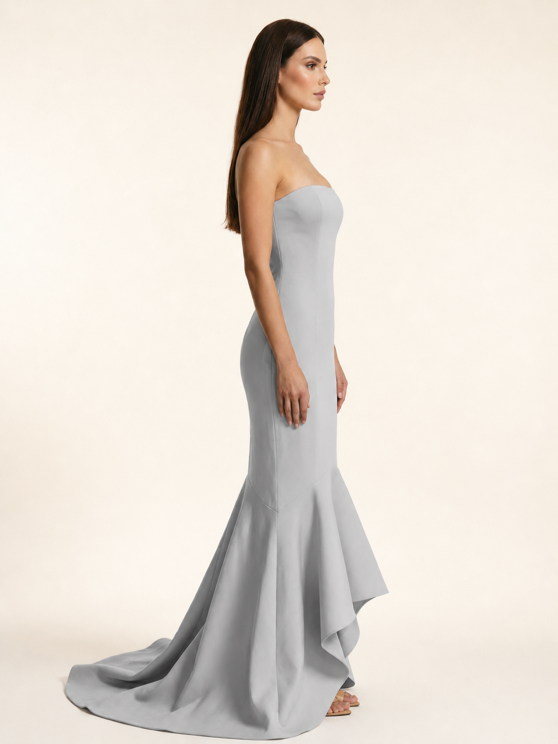 Strapless Satin Mermaid Dress With Ruffled Train & Lace-Up Back