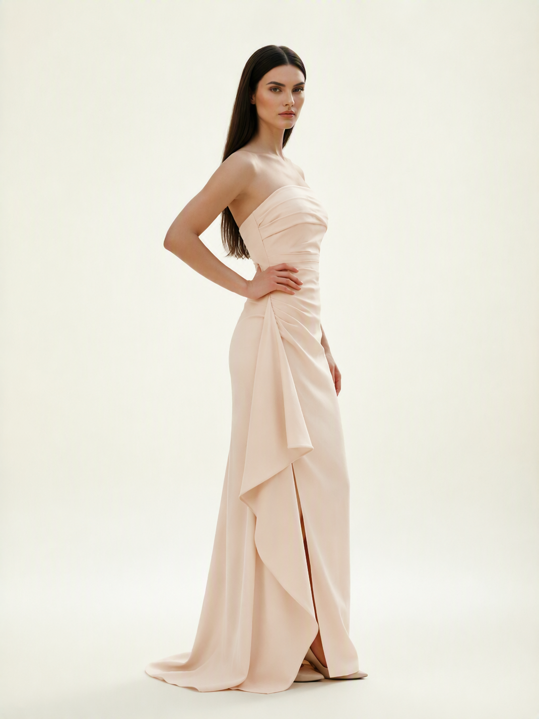 Strapless Mermaid Formal Gown with Side Slit & Draped Detail