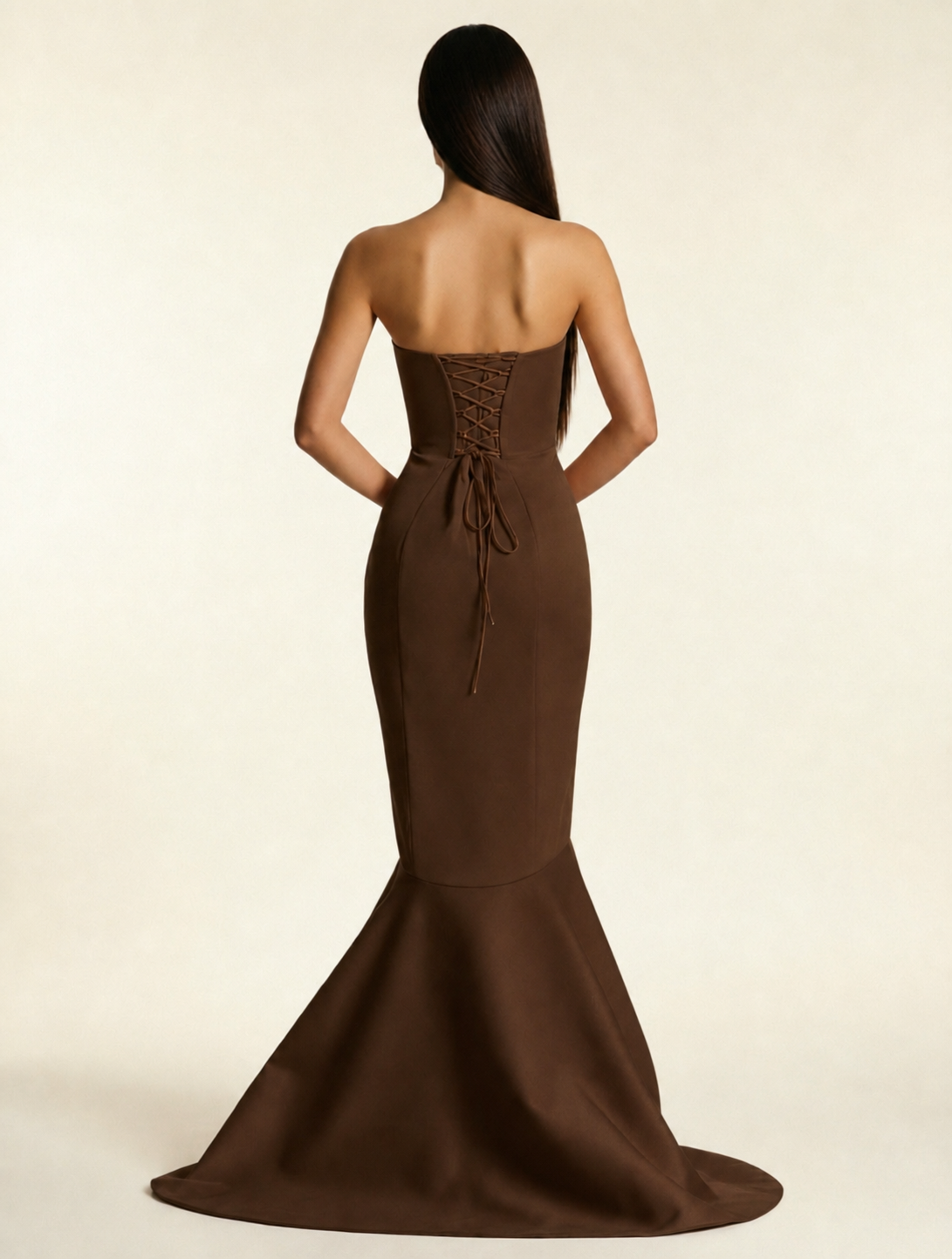 Strapless Satin Mermaid Dress With Ruffled Train & Lace-Up Back