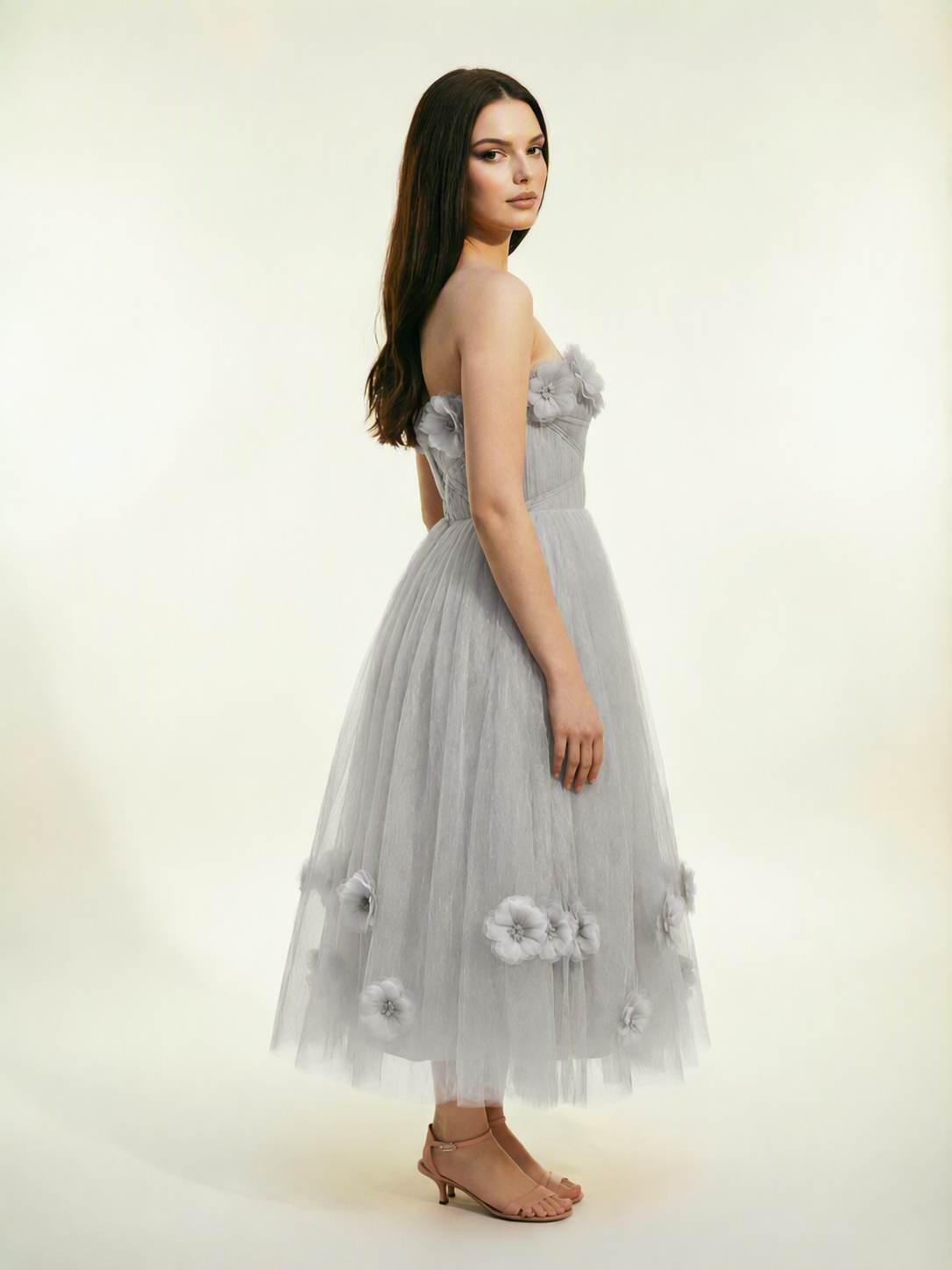 Strapless Tulle Midi Dress with 3D Floral Appliqués, Lace-Up Corset Back