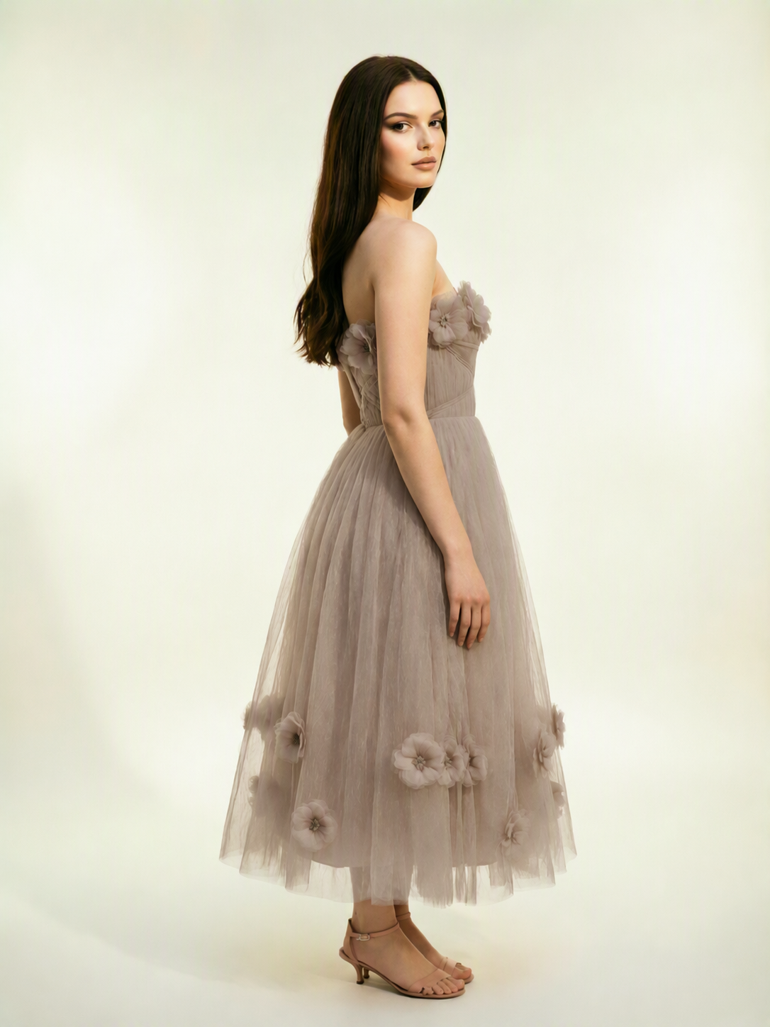 Strapless Tulle Midi Dress with 3D Floral Appliqués, Lace-Up Corset Back