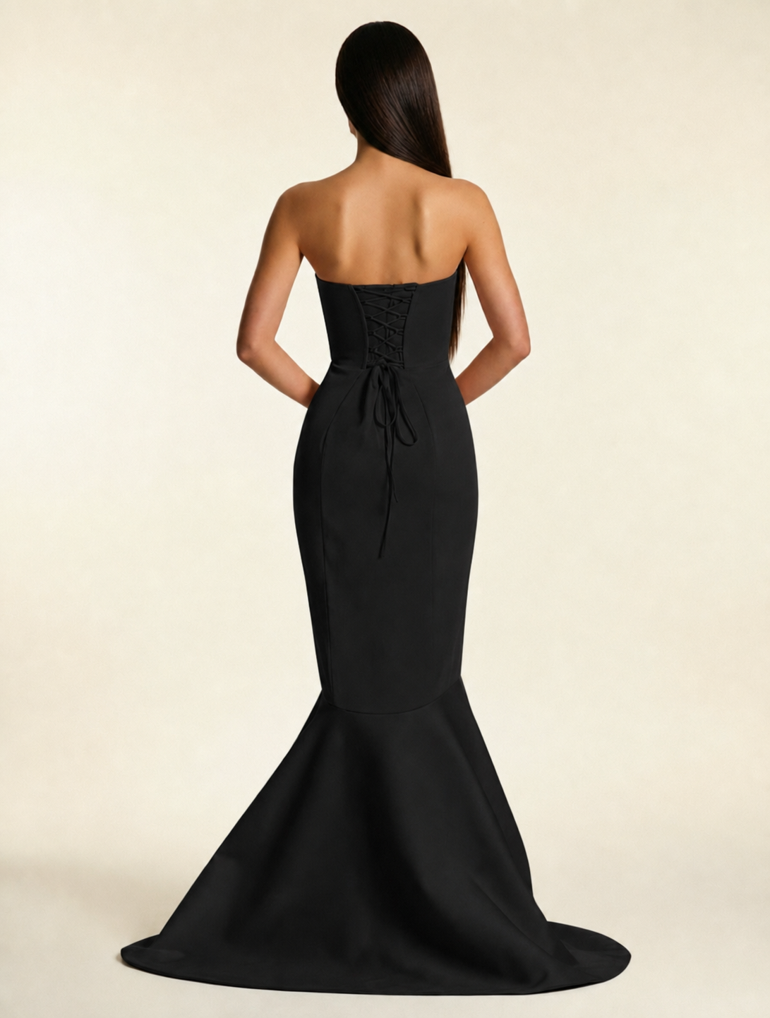 Strapless Satin Mermaid Dress With Ruffled Train & Lace-Up Back