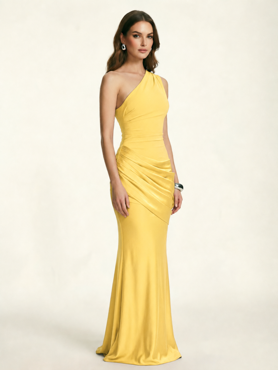 Single-shoulder satin floor-length evening dress