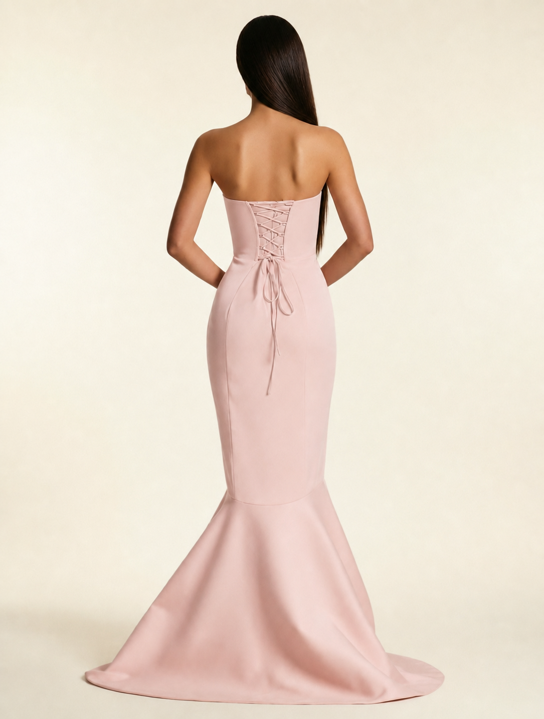 Strapless Satin Mermaid Dress With Ruffled Train & Lace-Up Back