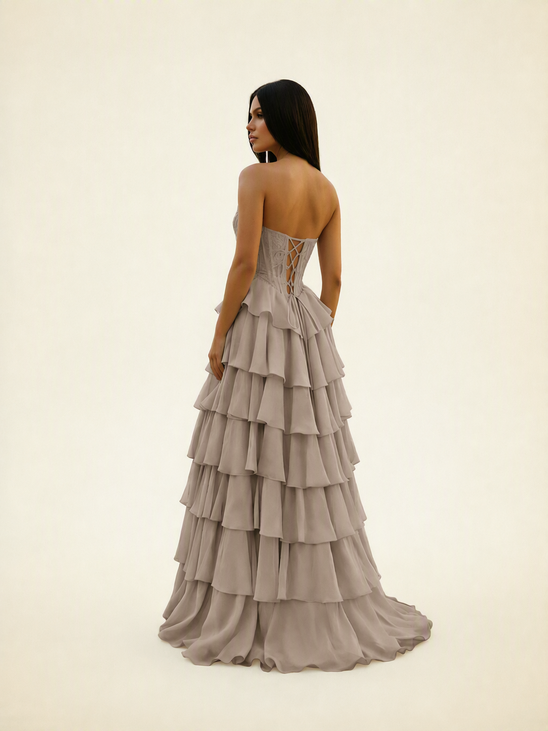 Strapless Lace Corset Tiered High Slit Prom Dress