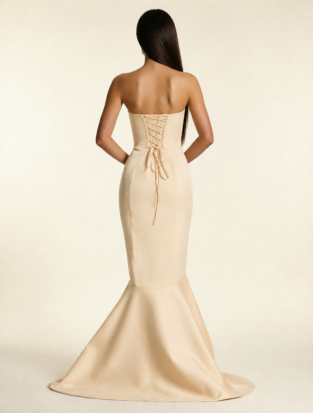 Strapless Satin Mermaid Dress With Ruffled Train & Lace-Up Back