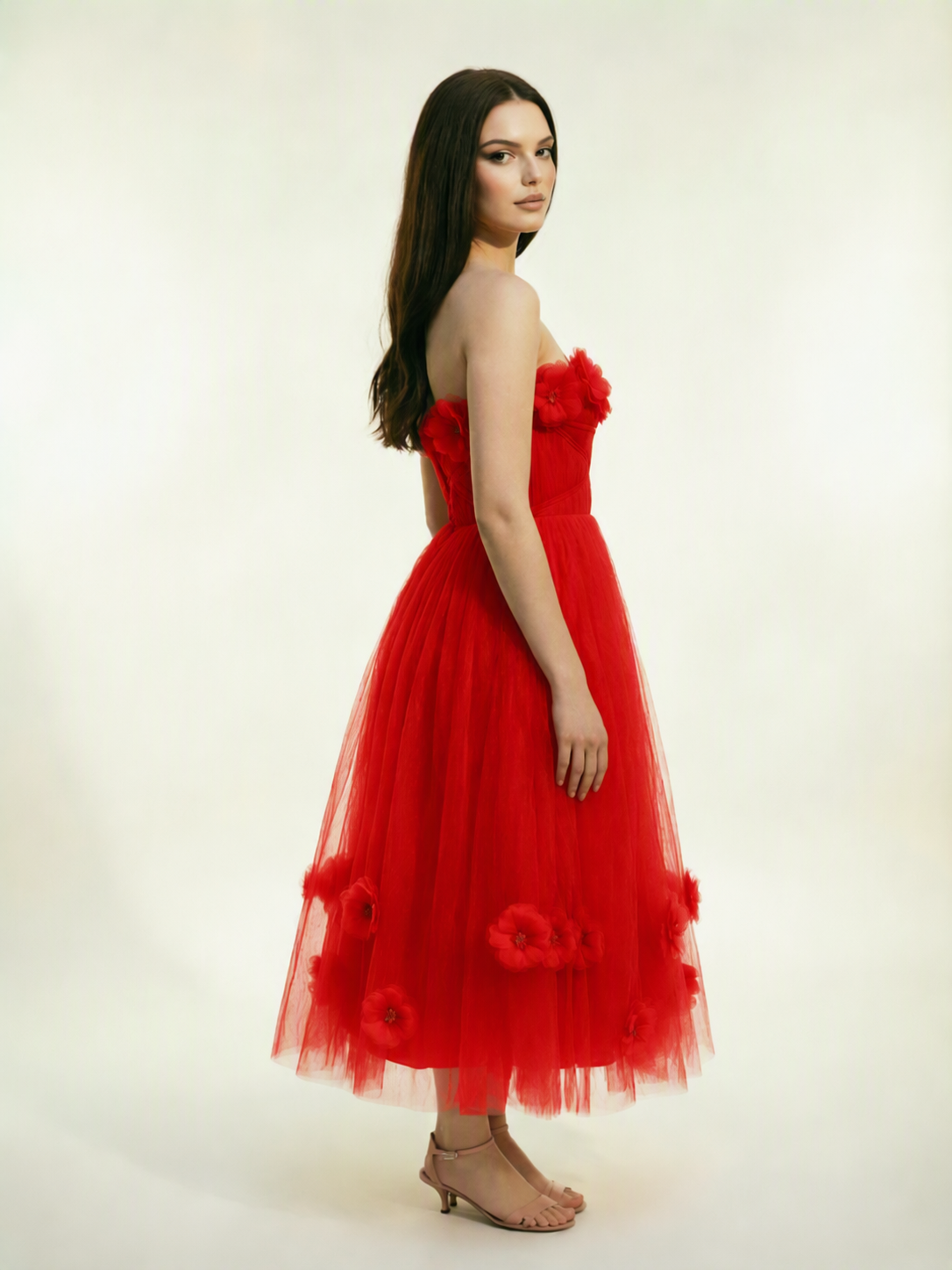Strapless Tulle Midi Dress with 3D Floral Appliqués, Lace-Up Corset Back