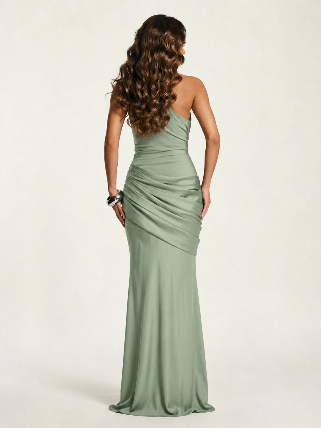 Single-shoulder satin floor-length evening dress