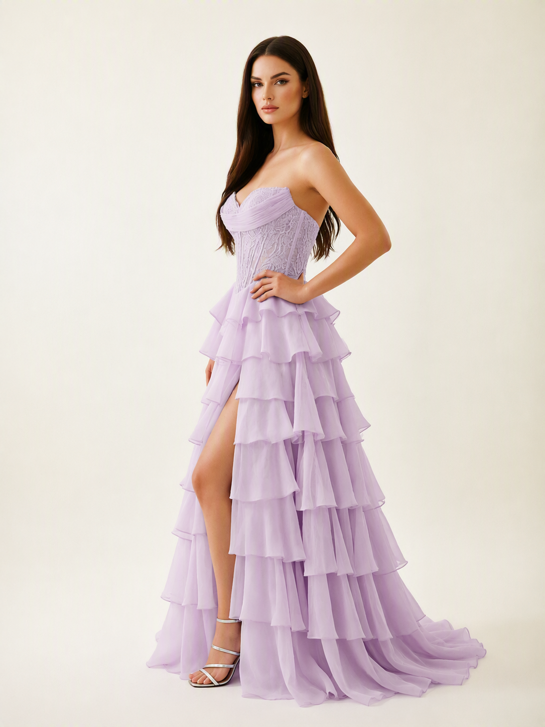 Strapless Lace Corset Tiered High Slit Prom Dress