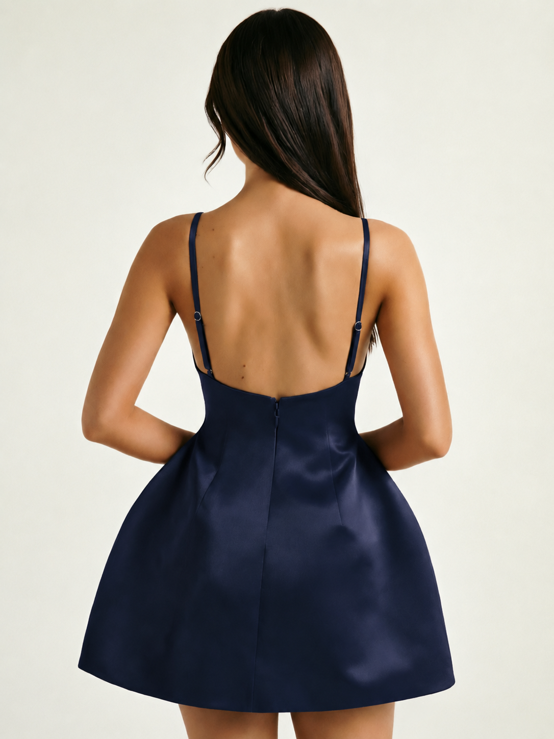 Satin Boat Neck Open Back Fit & Flare Mini Dress