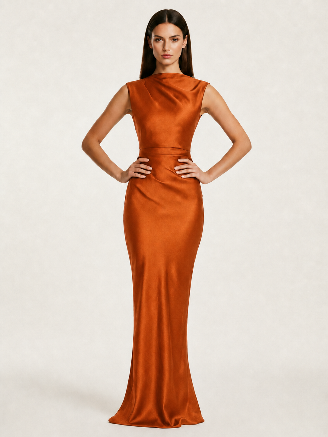 Sleeveless Draped Satin Mermaid Cutout Back Formal Dress