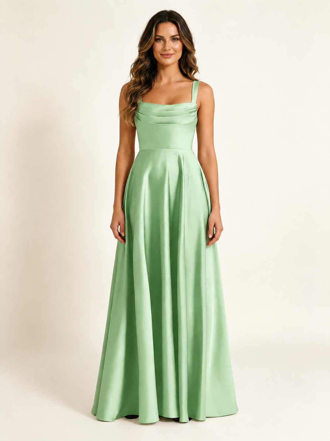 Satin Draped Cowl Square Neck A-Line Maxi Bridesmaid Dress