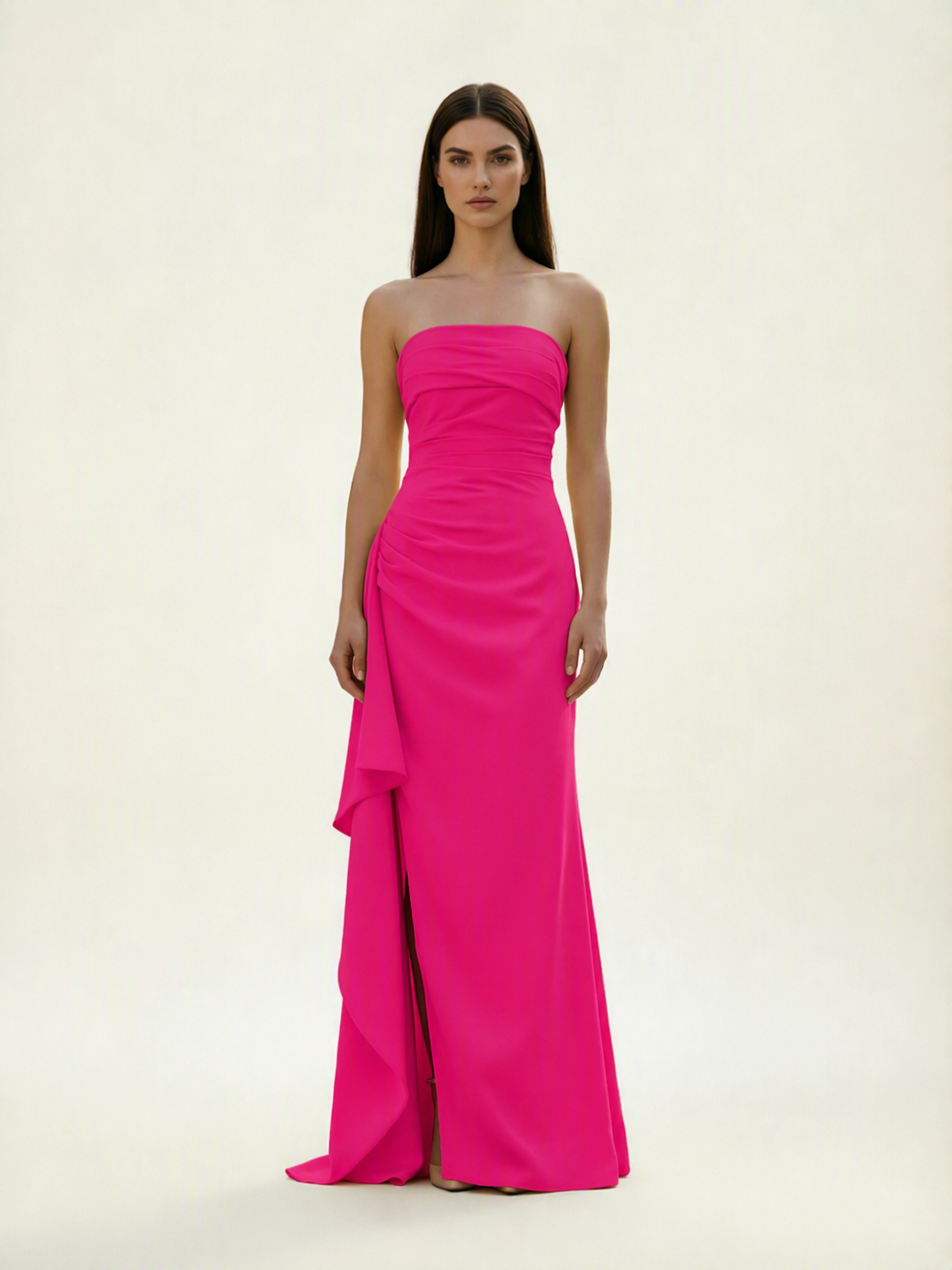 Strapless Mermaid Formal Gown with Side Slit & Draped Detail