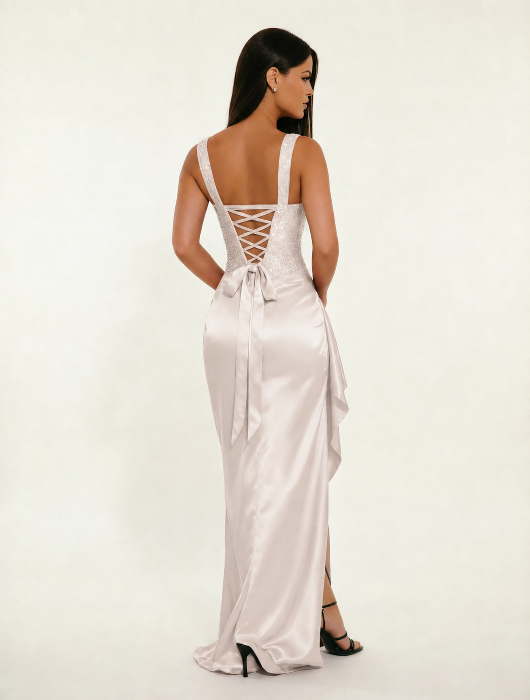 Sequin Corset Satin High Slit Formal Maxi Dress