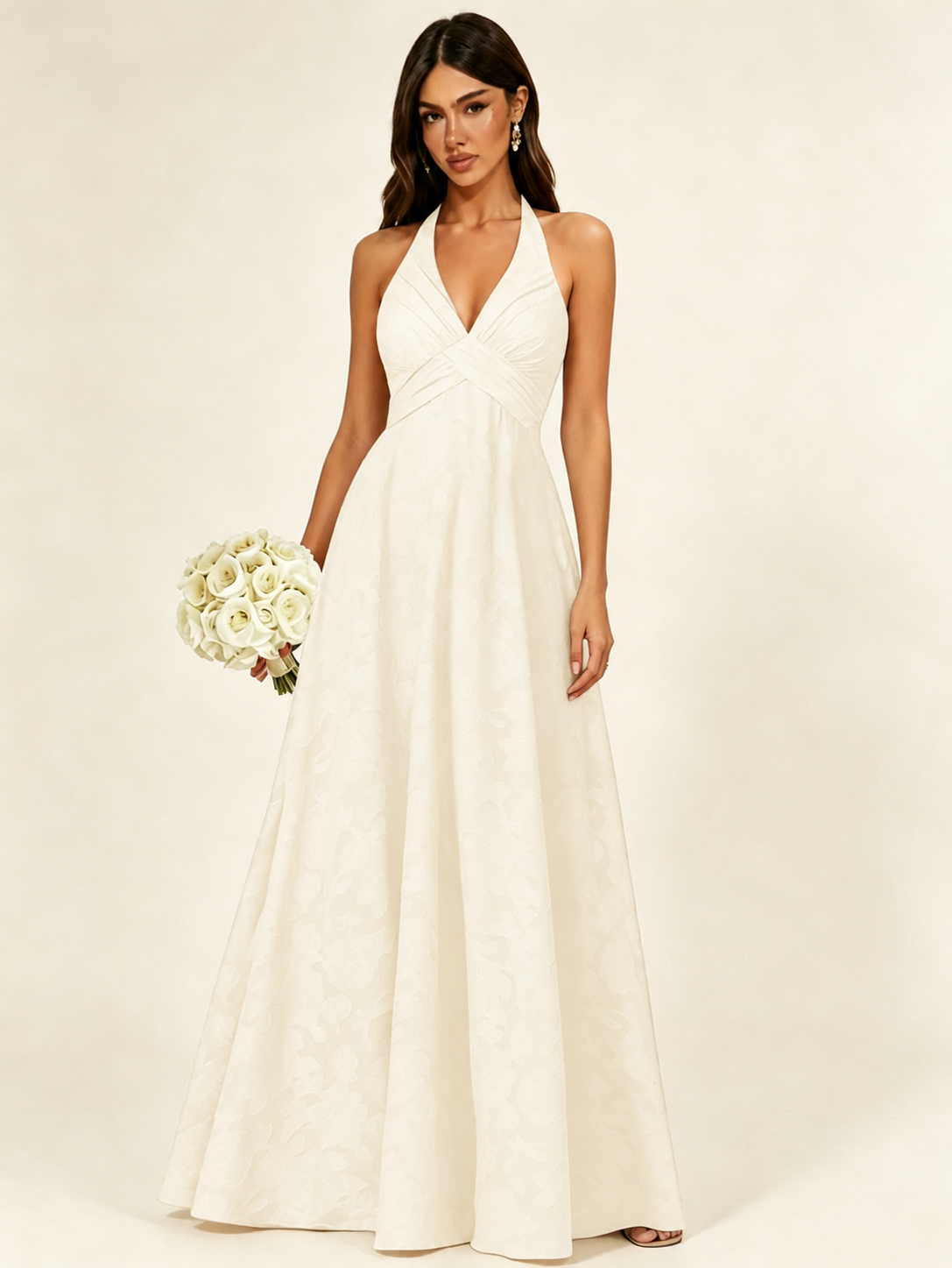 Floral Jacquard Halter Deep V A-Line Maxi Dress Backless Lace-Up Corset Bridesmaid Dress