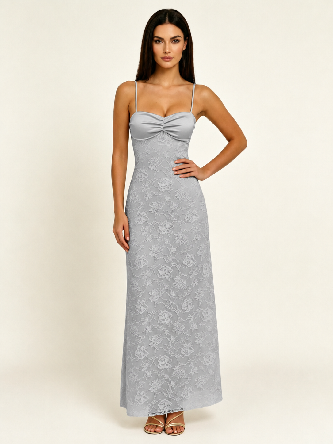 Satin Bust Lace Midi Maxi Dress, Spaghetti Strap Cross Lace Up Back Bridesmaid Dress