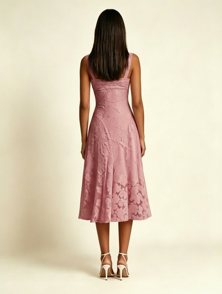 3D Floral Jacquard Square Neck Midi Dress