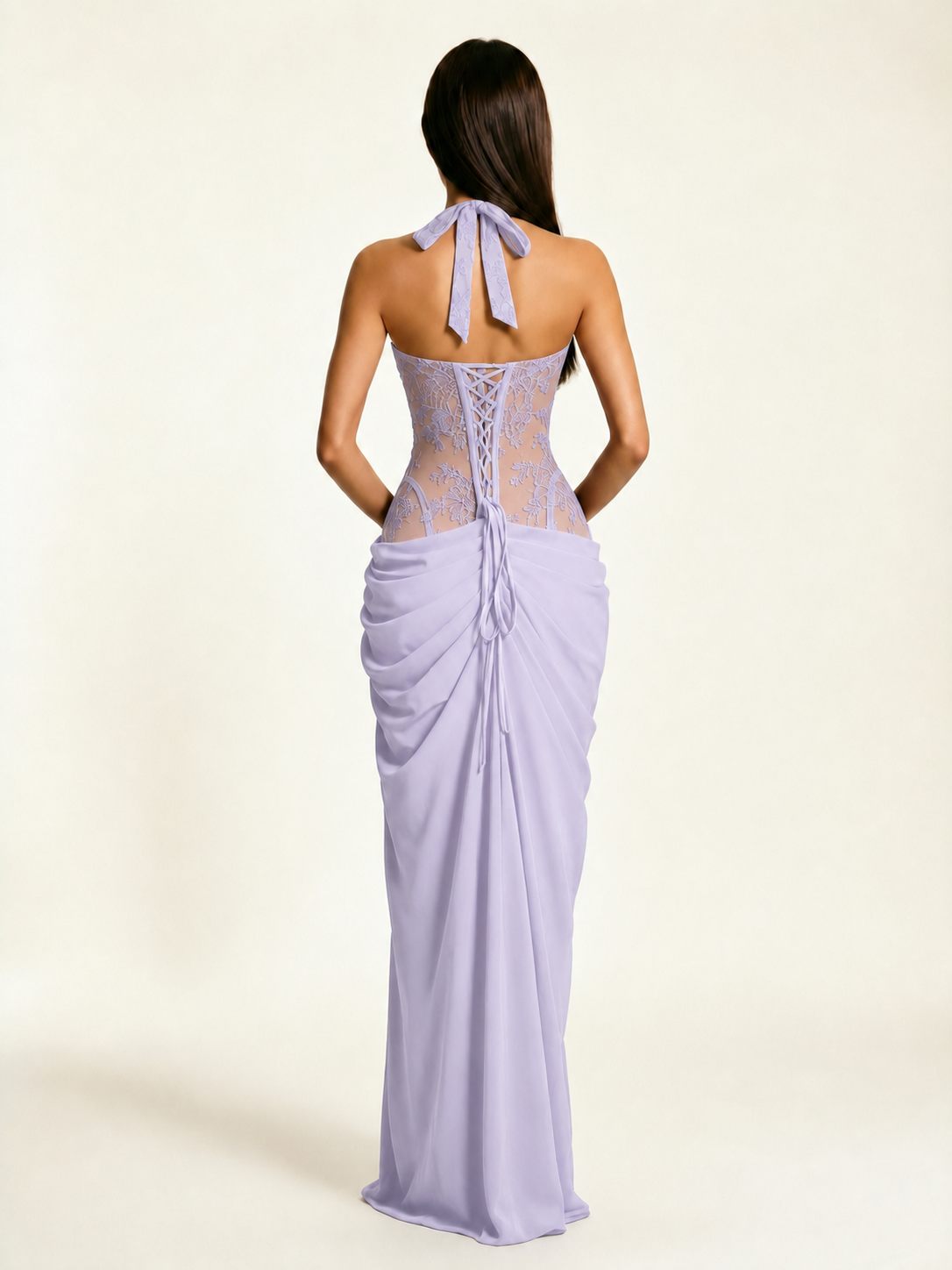Lace Corset Halter High Slit Formal Dress