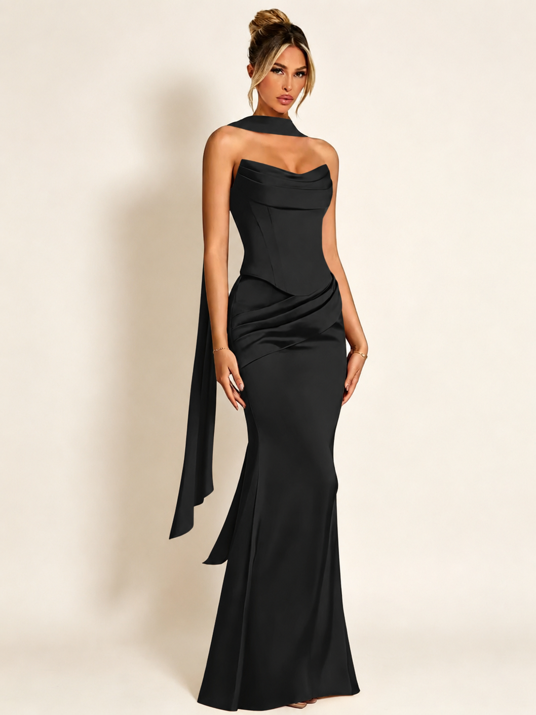 Satin Cowl Neck Mermaid Evening Dress with Corset Bodice and Draped Straps