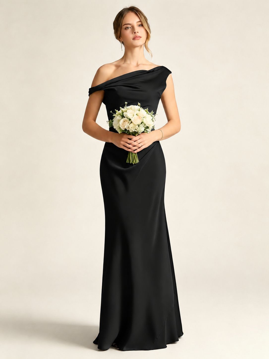 Satin Mermaid Bridesmaid Maxi Dress, Asymmetrical Off Shoulder Ruched Waist Open Back