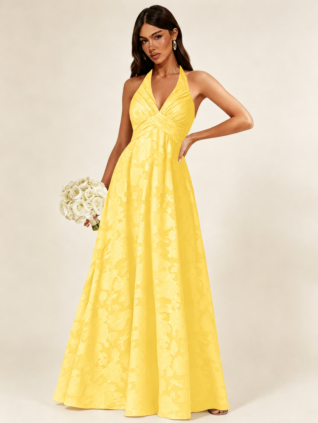 Floral Jacquard Halter Deep V A-Line Maxi Dress Backless Lace-Up Corset Bridesmaid Dress