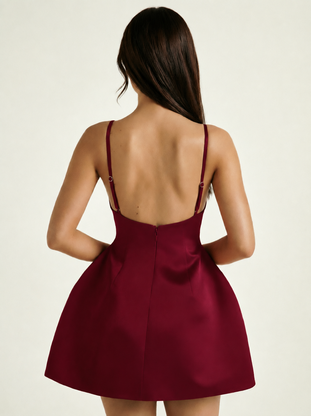 Satin Boat Neck Open Back Fit & Flare Mini Dress