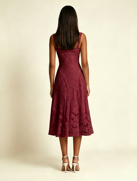 3D Floral Jacquard Square Neck Midi Dress