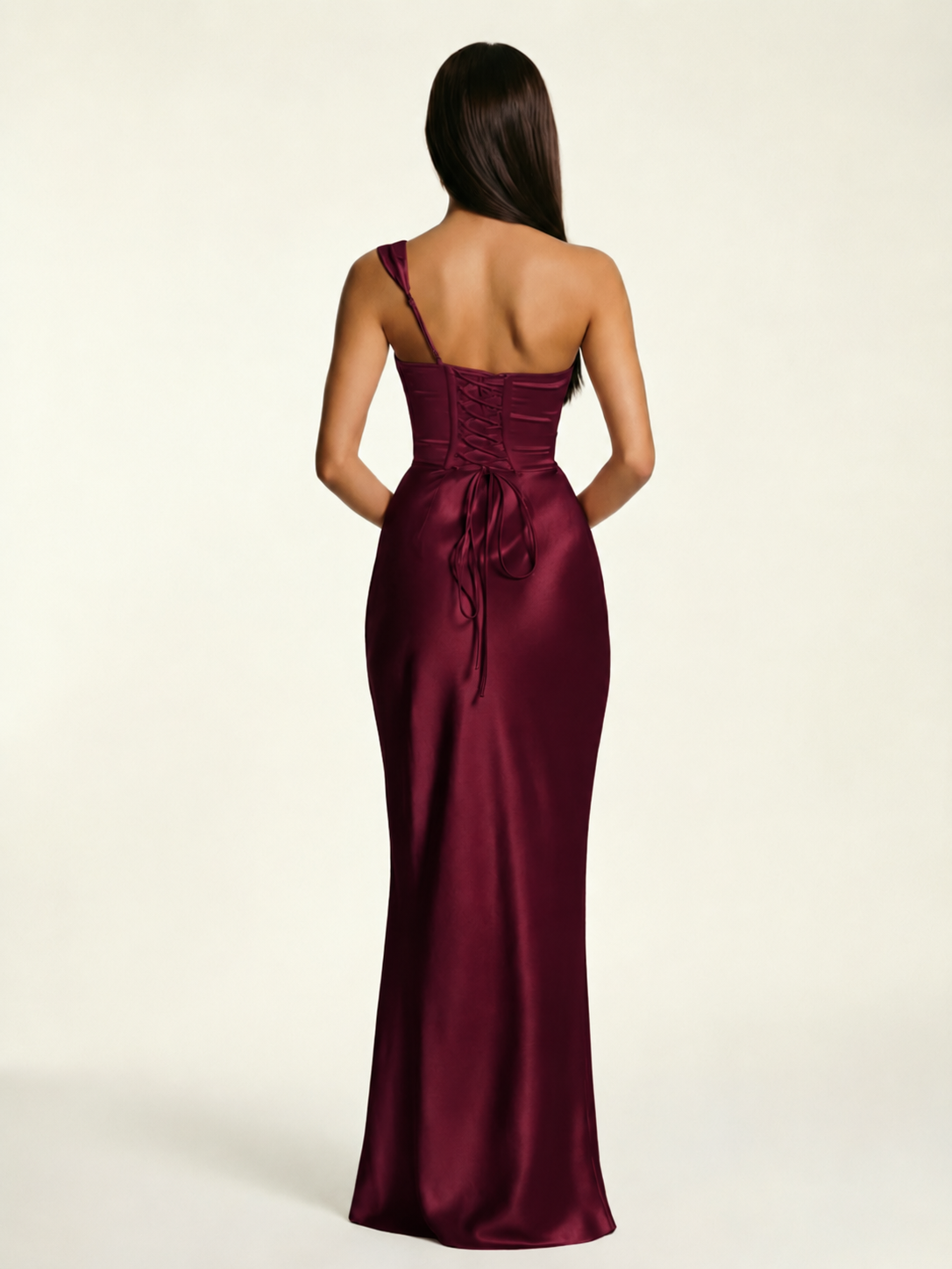 Single-shoulder satin back strap design formal dress