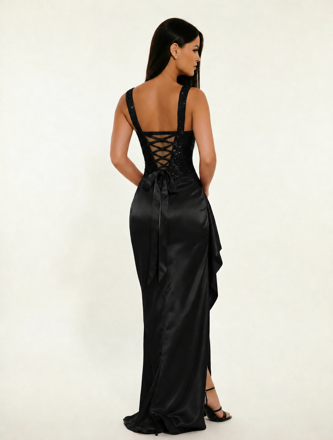 Sequin Corset Satin High Slit Formal Maxi Dress