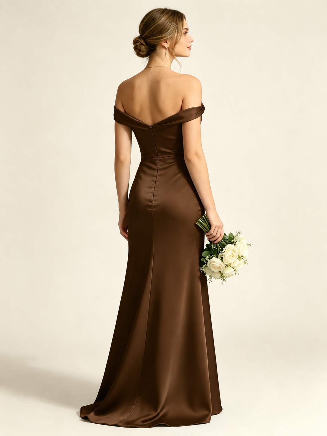 Satin Mermaid Bridesmaid Maxi Dress, Asymmetrical Off Shoulder Ruched Waist Open Back
