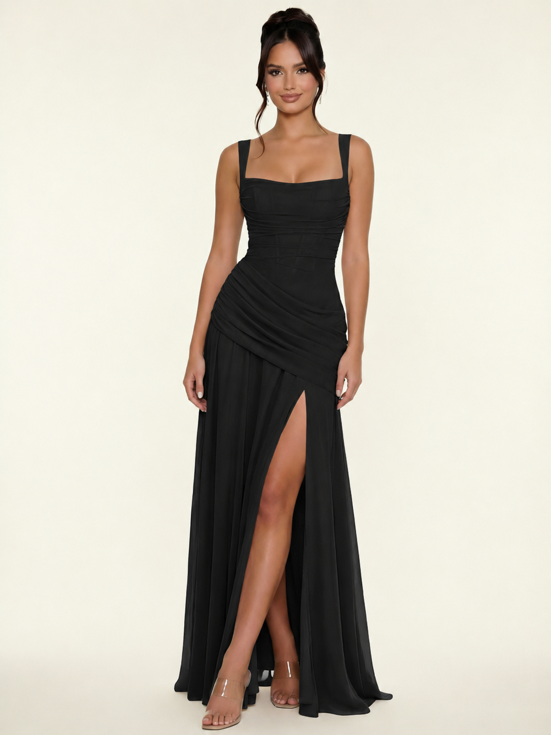 Adjustable Strap Shiny Draped Formal Maxi Dress with Corset Lace Up Back
