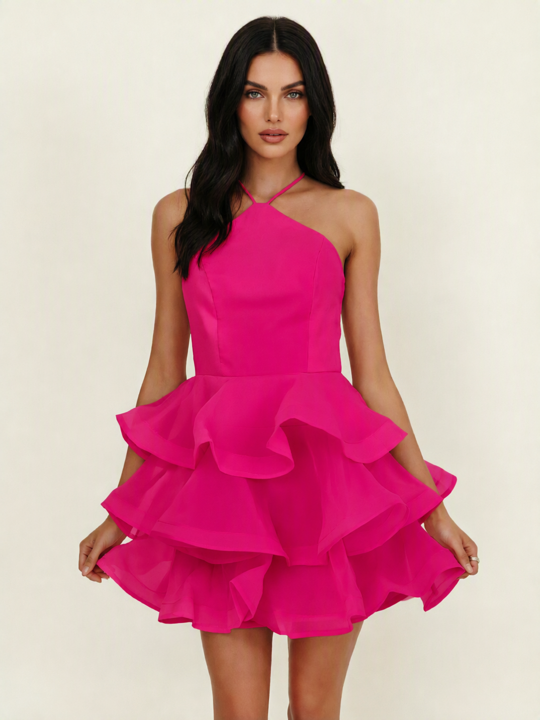 Halter Tiered Ruffle Mini Dress Lace Up Back Cocktail Party Gown