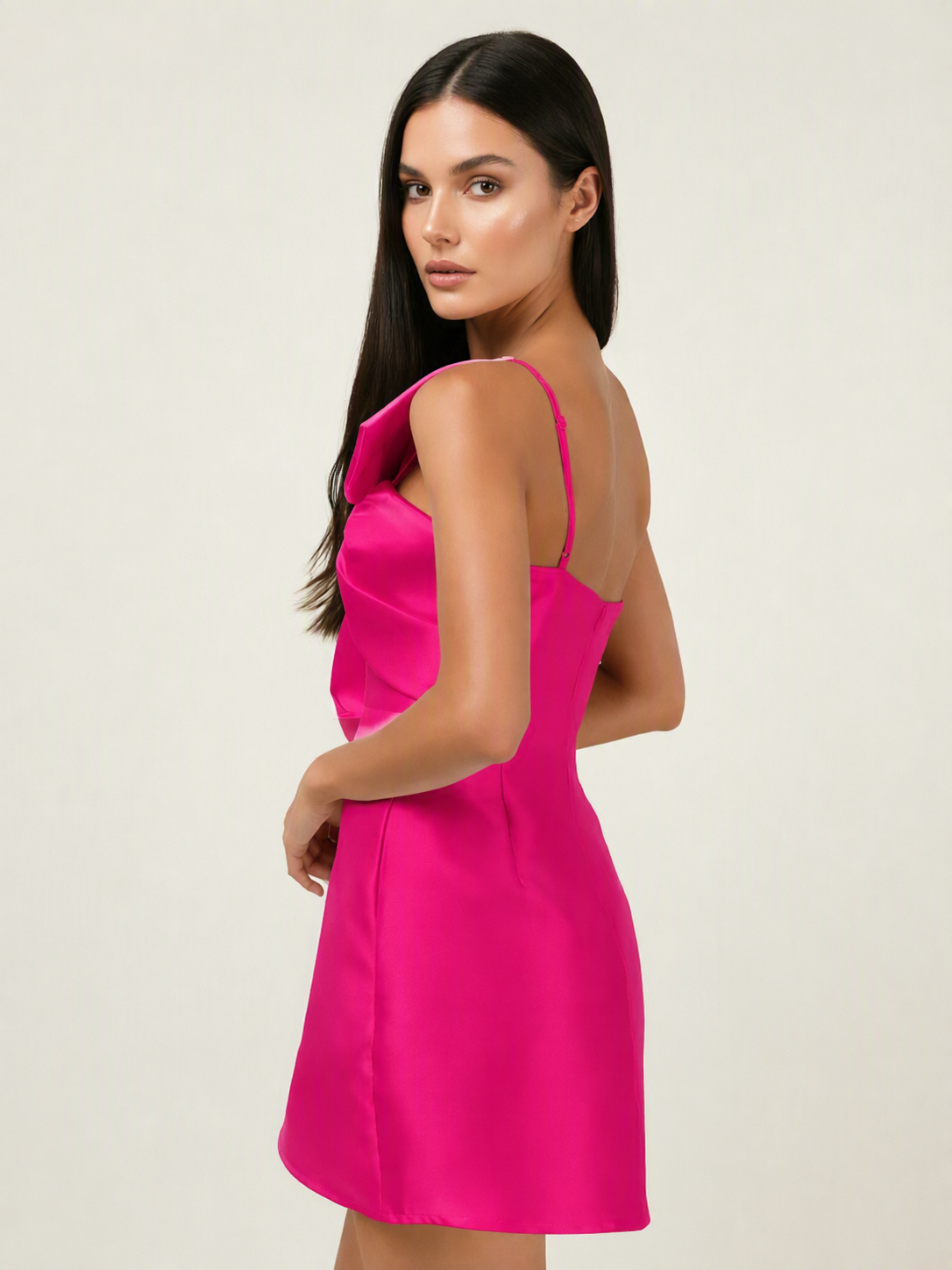 One Shoulder Oversized Bow Satin Mini Dress