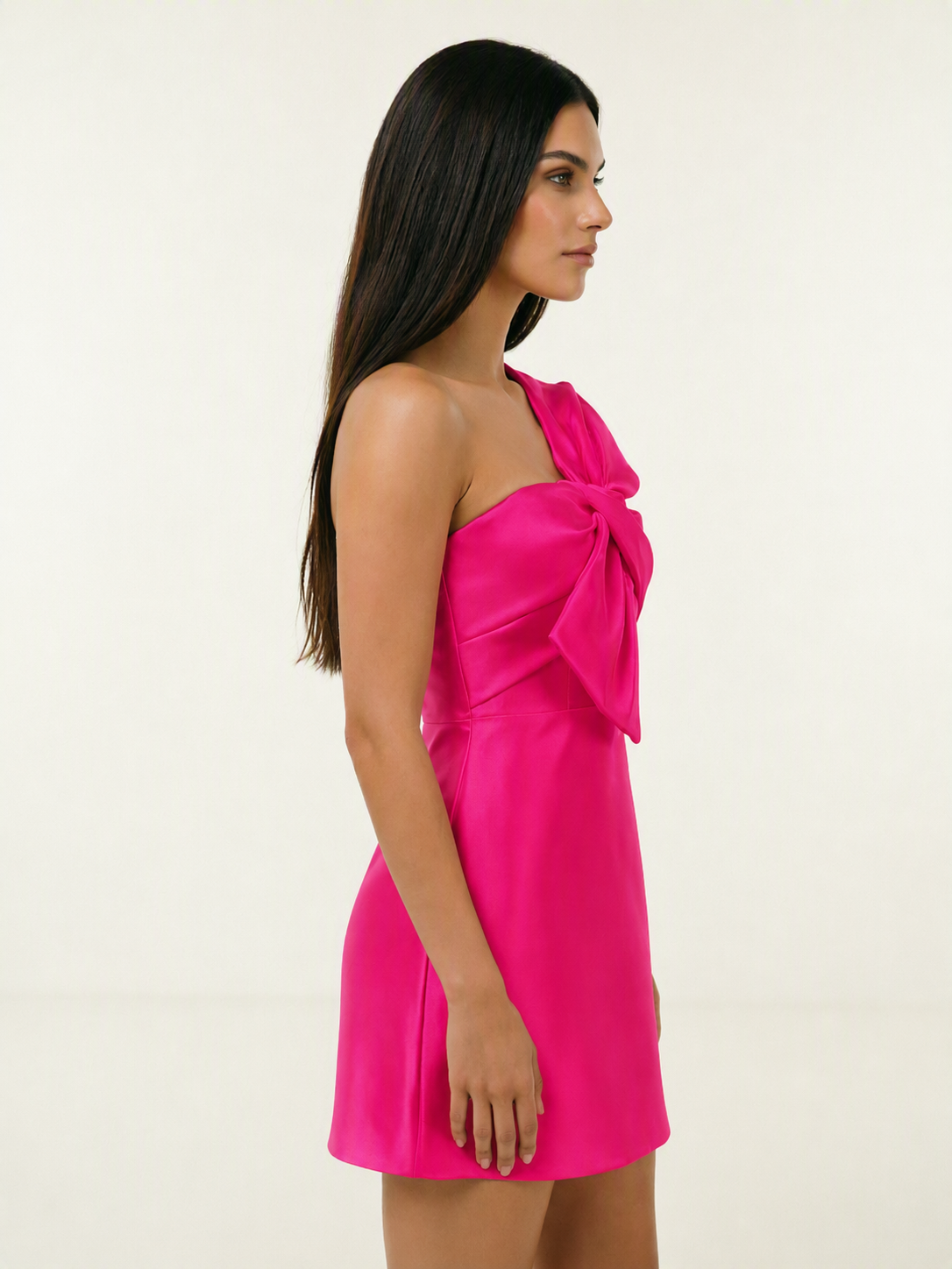 One Shoulder Oversized Bow Satin Mini Dress