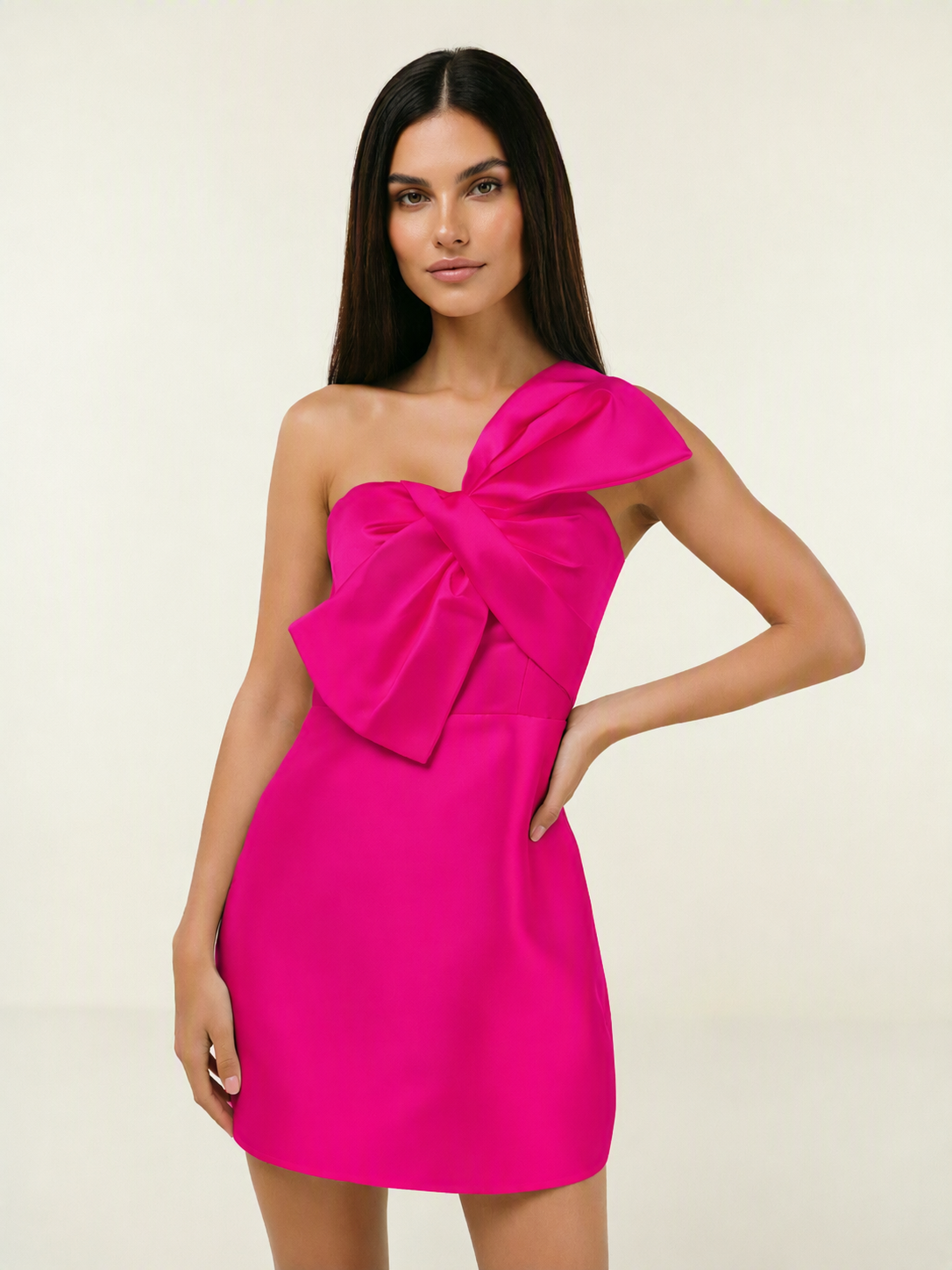 One Shoulder Oversized Bow Satin Mini Dress