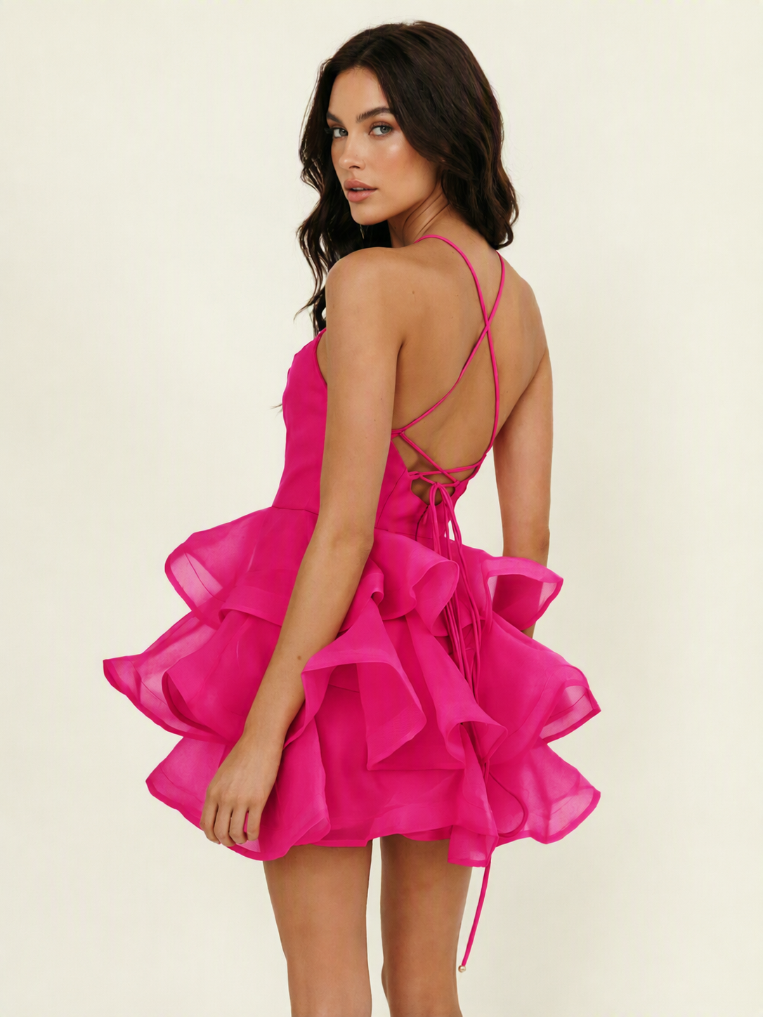 Halter Tiered Ruffle Mini Dress Lace Up Back Cocktail Party Gown