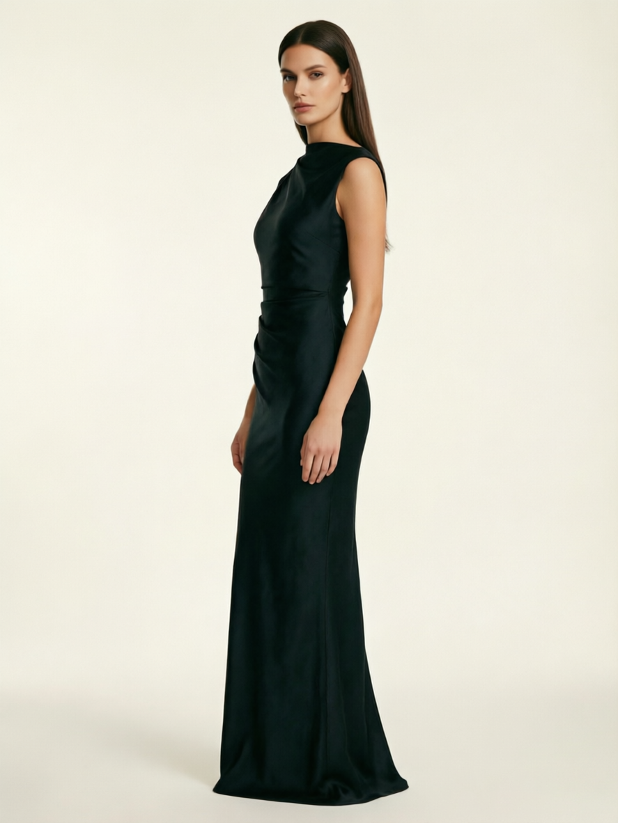 Sleeveless Draped Satin Mermaid Cutout Back Formal Dress