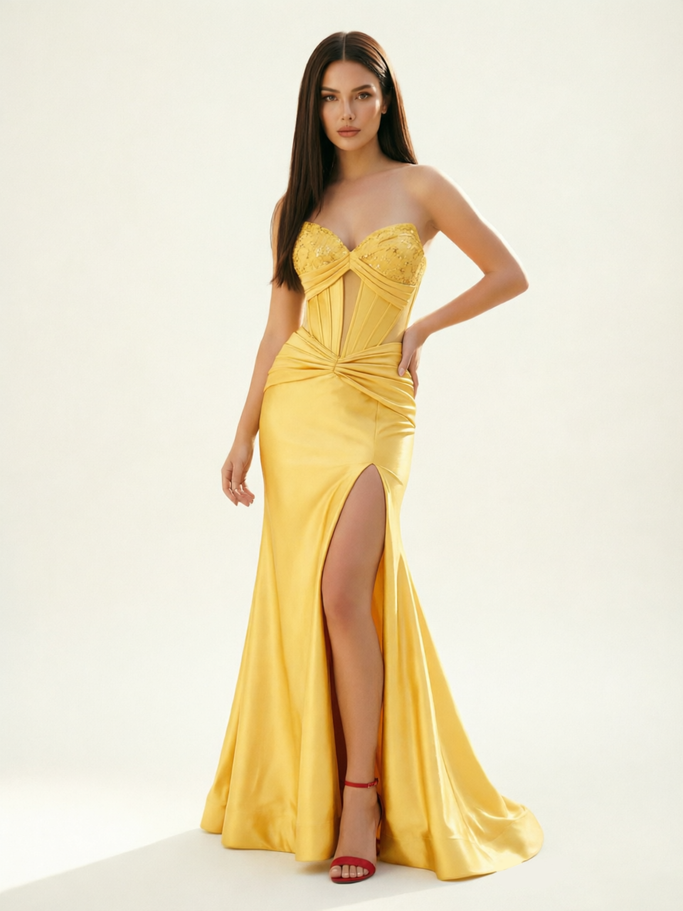 Strapless Corset Satin High Slit Mermaid Gown