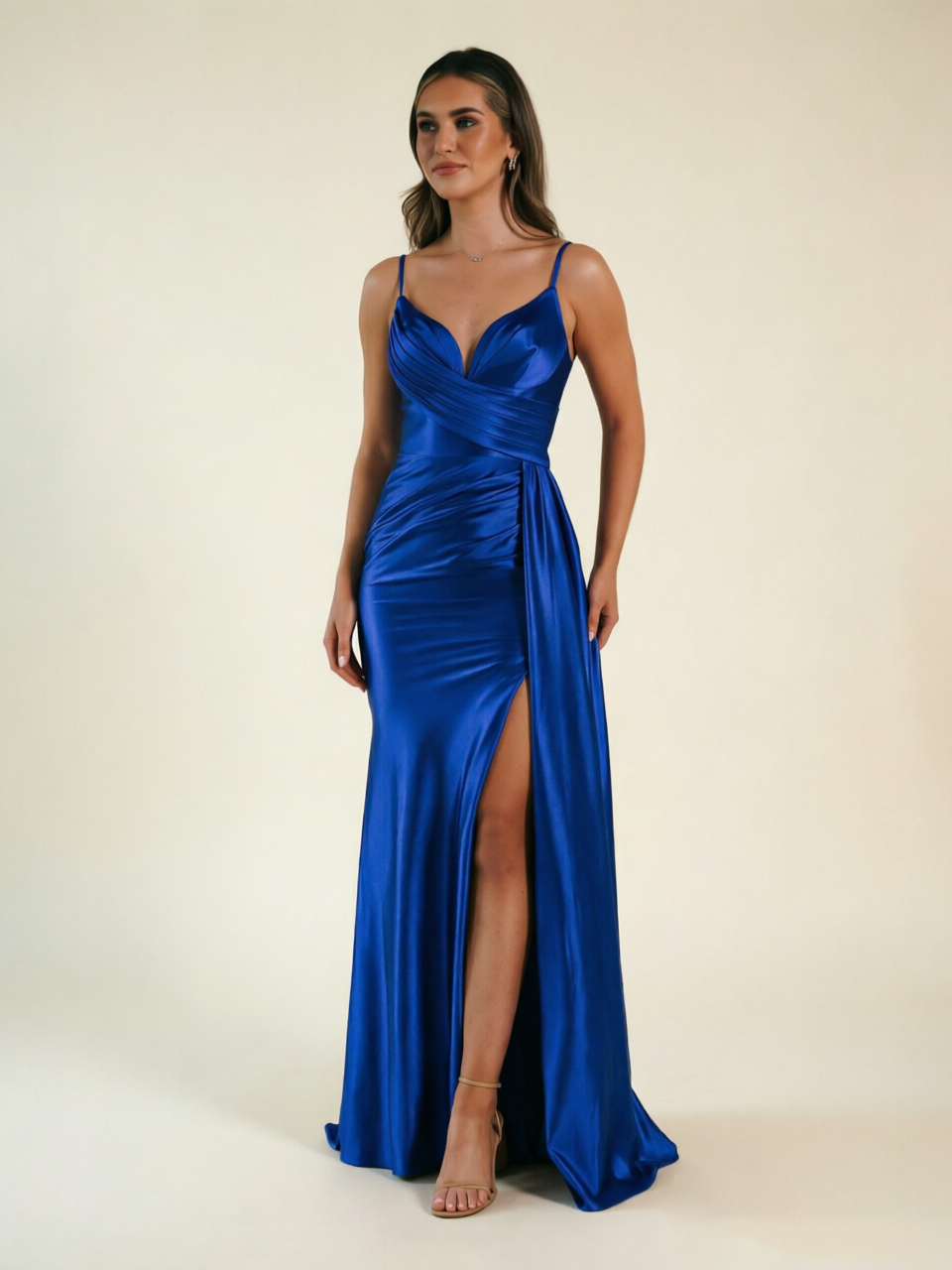 V-neck satin fine bandeau fitted high slit long dress