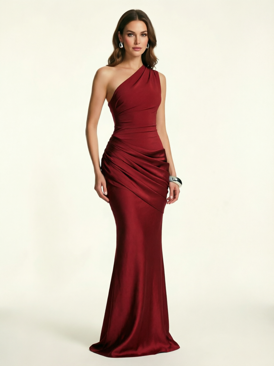 Single-shoulder satin floor-length evening dress