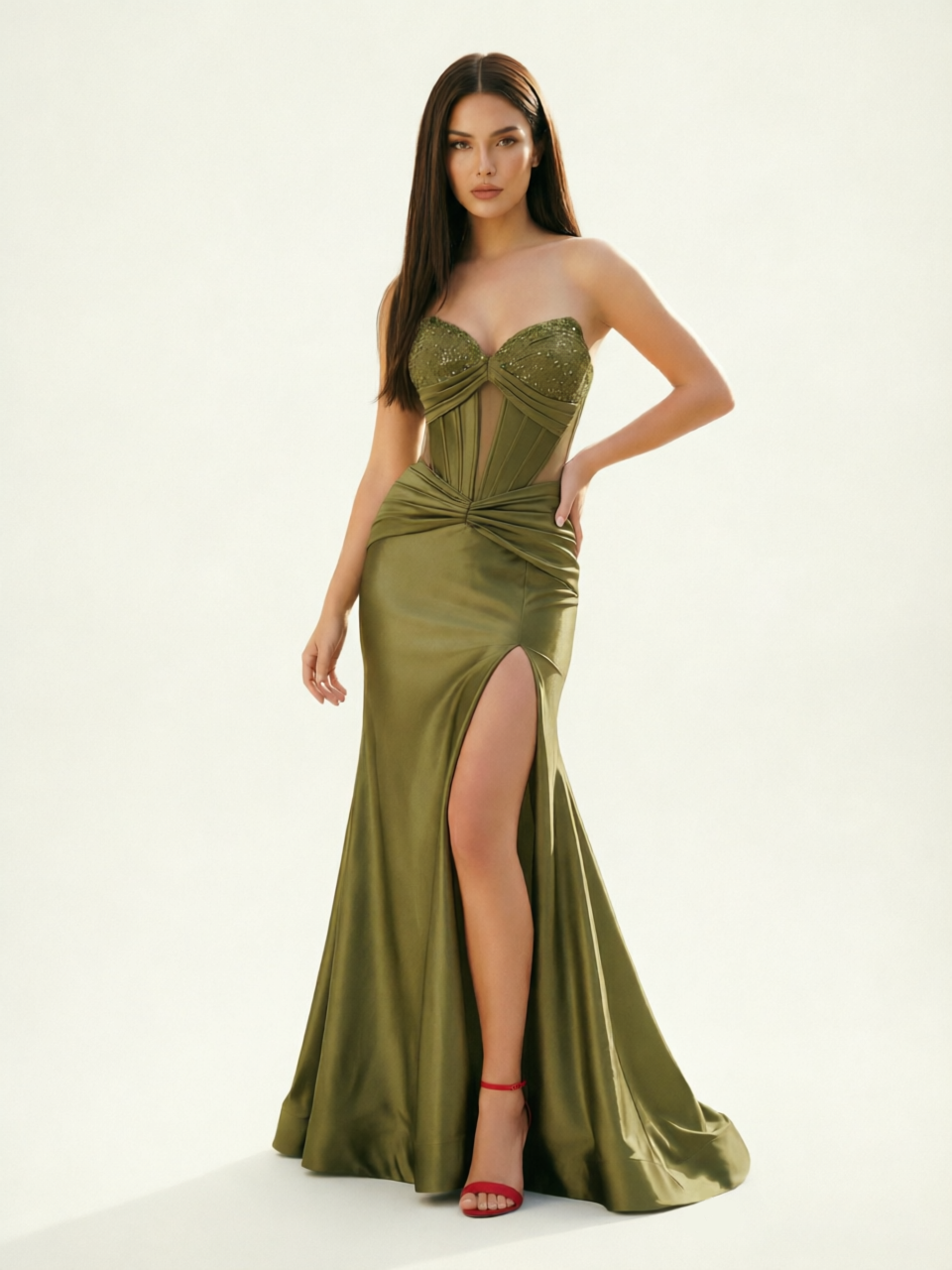 Strapless Corset Satin High Slit Mermaid Gown